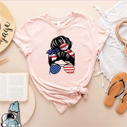 messy bun american flag shirt, patriotic t-shirt, women's shirts, summertime shirts, fourth of july shirt, american flag