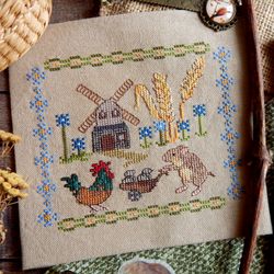 Grain Harvest cross stitch pattern Hamster and Rooster cross stitch Windmill cross stitch Chicken cross stitch pattern