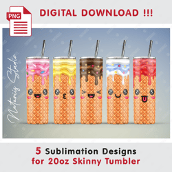 5 Cute 3D Inflated Kawaii Ice Cream Designs - Seamless Sublimation Patterns - 20oz SKINNY TUMBLER - Full Tumbler Wrap