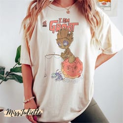 comfort colors vintage cute groot is fishing shirt, retro marvel guardians of the galaxy comic shirt, i'm groot shirt, d
