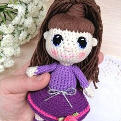 Crochet doll, Handmade doll, Doll in dress, Doll in purse, Doll with hair, Doll clothing, Doll in purple dress