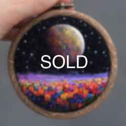 Tiny embroidered and needle felted painting, Space wall hanging art