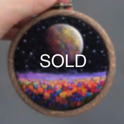 tiny embroidered and needle felted painting, space wall hanging art