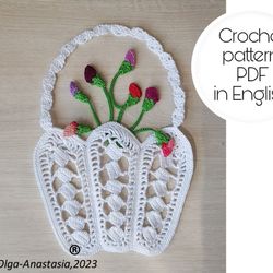 White crochet basket pattern 4  , crochet flower , Irish Crochet Applique PATTERN, Motif crochet pattern.