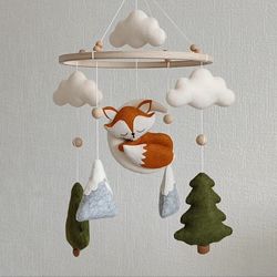 Fox baby crib mobile Woodland nursery decor girl, forest hanging cot mobile, baby mobiles neutral, unique new baby gift