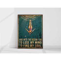 into the ocean i go poster, spiritual, yoga, sea, water, travel, vintage, wall art decor, housewarming birthday gift ide
