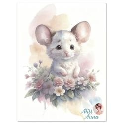 cute little mouse in blooming splendor: instant download aquarelle drawing artwork. cute watercolor animals art