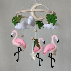 Baby mobile girl flamingo Tropical nursery decor, hanging crib mobile felt, expecting mom gift, unique new baby gift