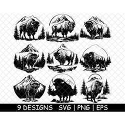 American Bison Buffalo Bull Mountain Ranch Alpine Pines PNG,SVG,EPS,Cricut,Silhouette,Cut,Engrave,Stencil,Sticker,Decal,