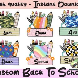 personalized name kids png bundle, back to school png, retro apple png, teacher png, groovy pencil png, custom name png,