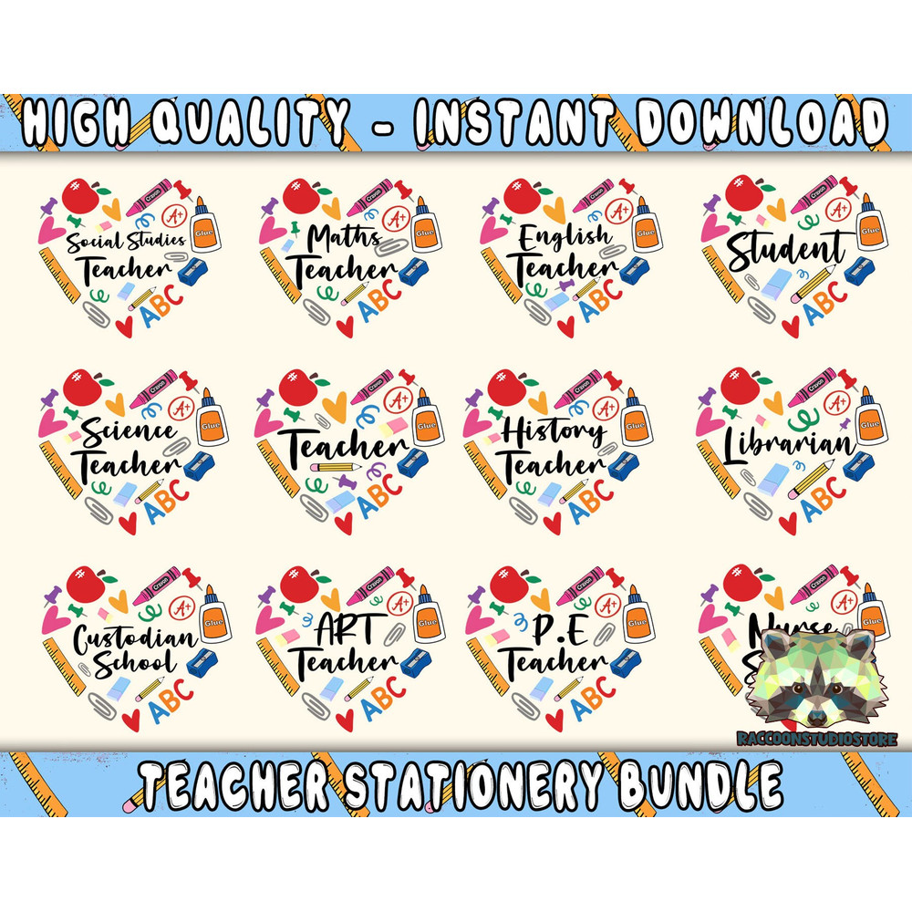 Teacher Stationery Bundle Png, Teacher Sublimation, Teacher Heart Png, Back to School, School Nurse, School Supplies, Digital Download - 1.jpg