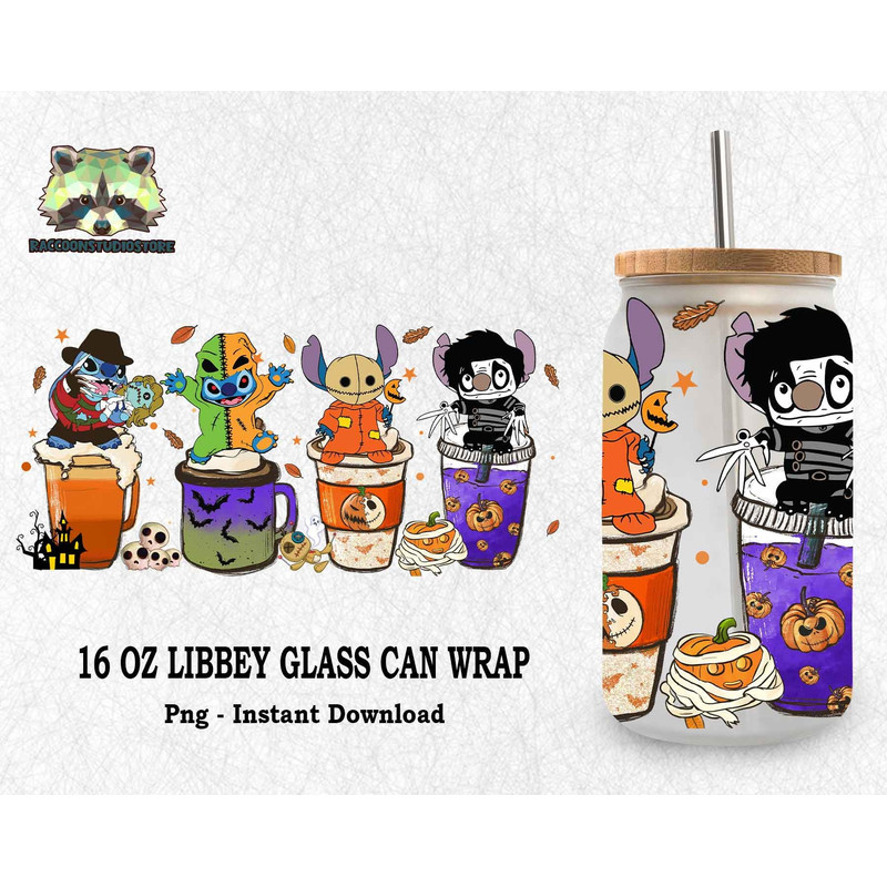 Halloween Coffee Cartoon Glass Wrap Png, Spooky Vibes 16oz Libbey Glass Can Wrap Png, Trick Or Treat Can Wrap Png, Sublimation Design - 1.jpg