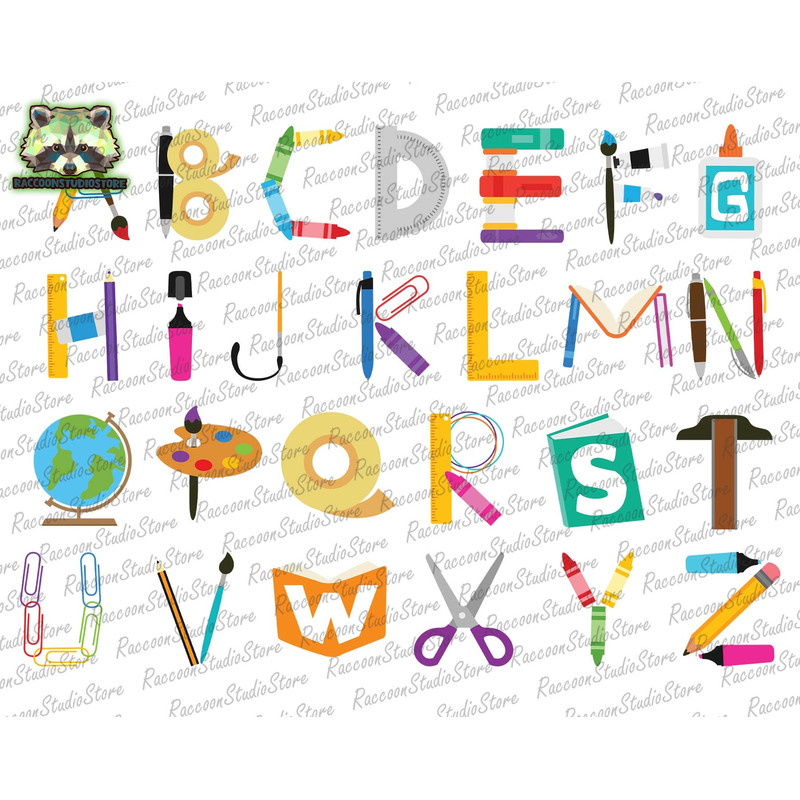 School Supplies Alphabet Png, School Supplies Png, Back To School Png, Colorful Kids Friendly Letters Png, Teacher Shirt , Instant Download - 1.jpg