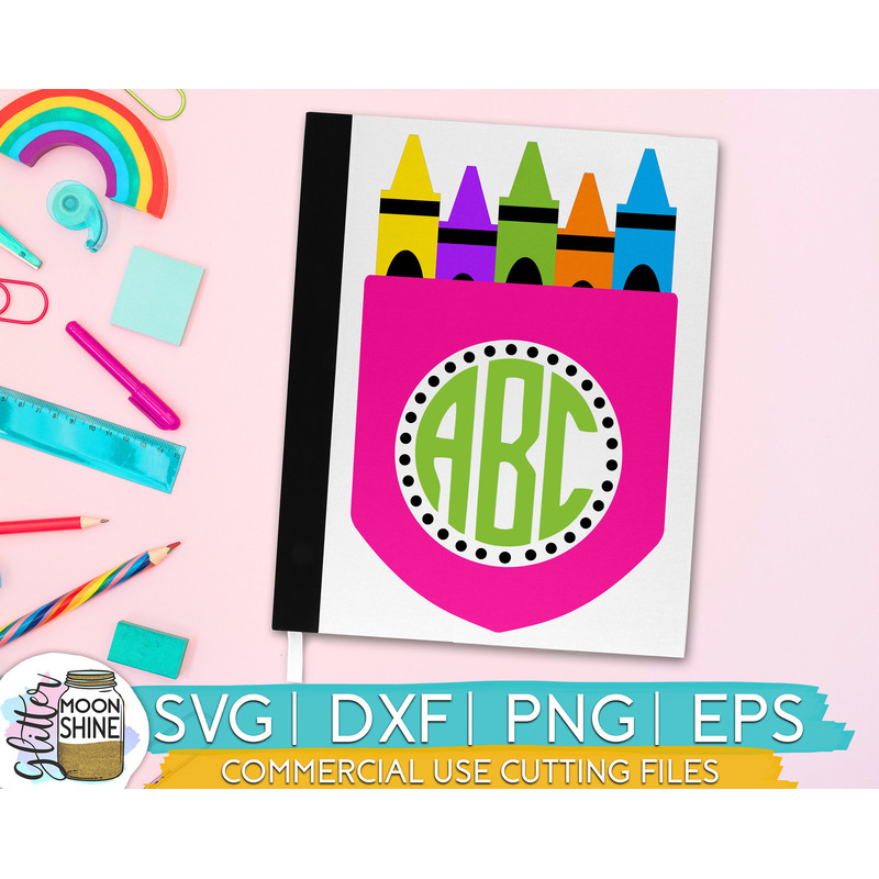 Crayon Pocket Monogram svg dxf eps png cutting files for silhouette cameo cricut, Teacher, Teaching, Back to School, Art Class, Cute, Girl - 1.jpg