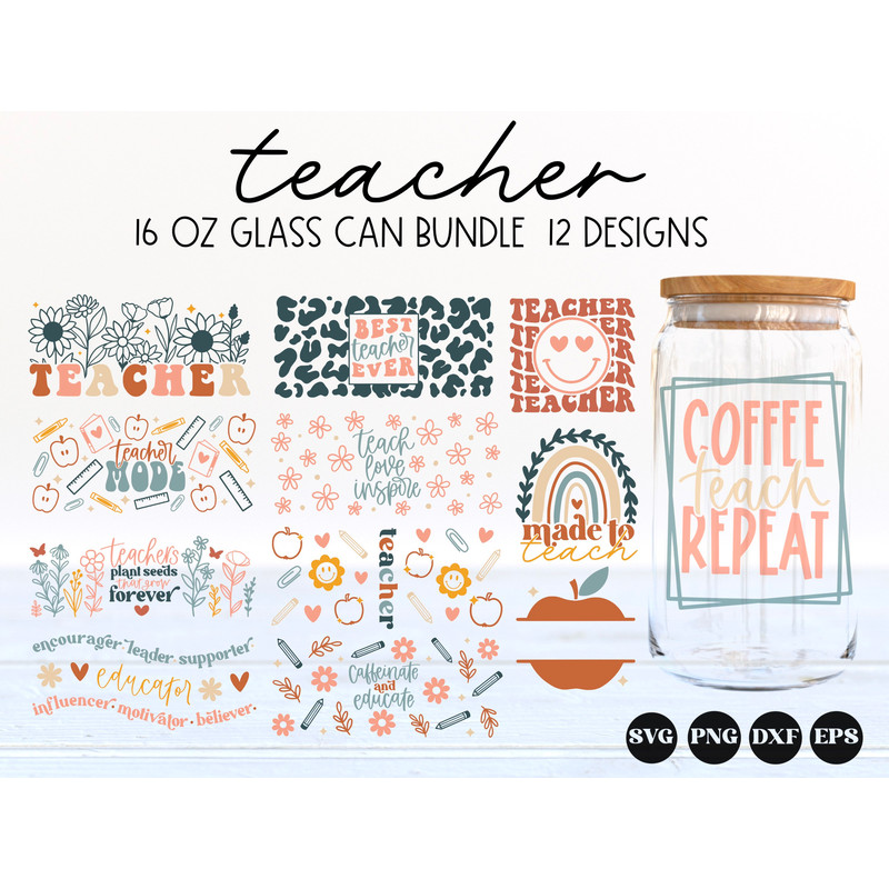 Teacher glass can svg bundle, libbey 16 oz can wrap svg, retro teacher can svg, apple monogram svg, teacher appreciation svg, png, dxf, eps - 1.jpg