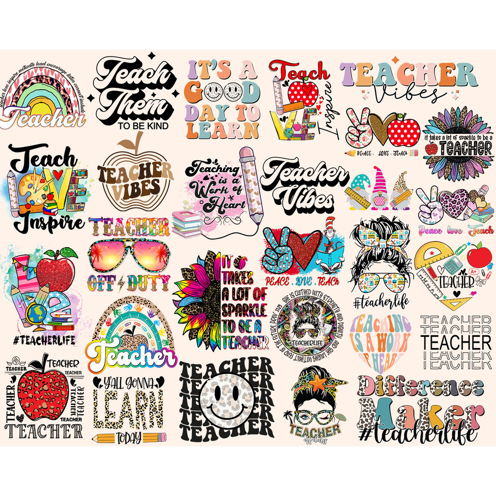 Teacher Png Bundle Difference Maker Teach Love Inspire Work Of Heart Off Duty Rainbow TeacherLife Vibes Gonna Learn Sparkle Smiley Gnomes - 1.jpg