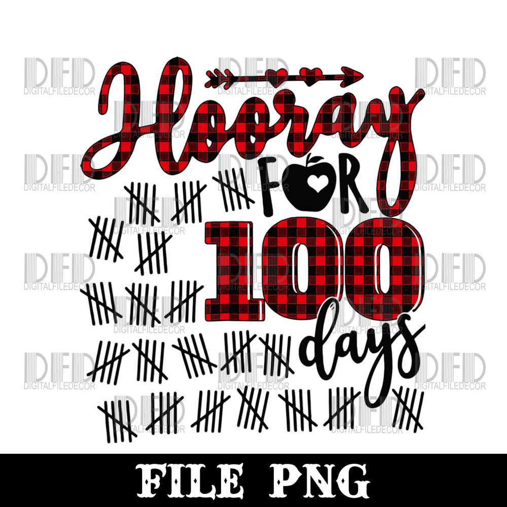 Buffalo Plaid Happy 100th Day of School Hooray for 100 Days Png Digital Download - 1.jpg