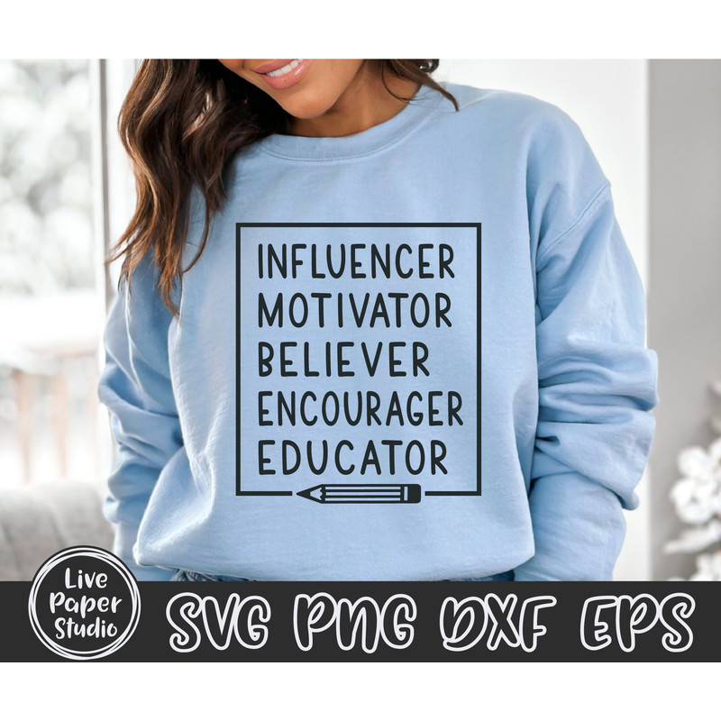 Educator SVG, Influencer Motivator Believer Encourager Educator SVG, Teacher Gift Svg, Teacher Shirt, Digital Download Png, Dxf, Eps Files - 2.jpg