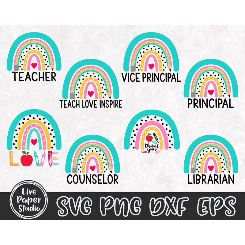 School Rainbow SVG, Teacher Rainbow Svg, Back To School Svg, Pencil SVG, Principal SVG, Librarian, Digital Download Svg, Png, Dxf, Eps Files - 2.jpg