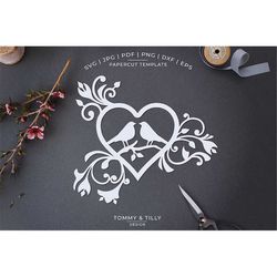 love birds heart - papercut template | machine cut | cricut silhouette |  svg dxf png jpg pdf eps | wedding | romantic |