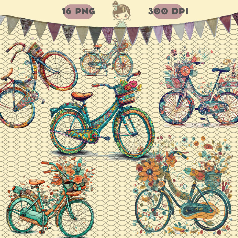 Clipart de Bicicletas Vintage y Floridas Pack de 16 imágenes PNG 300 DPI - 1.jpg