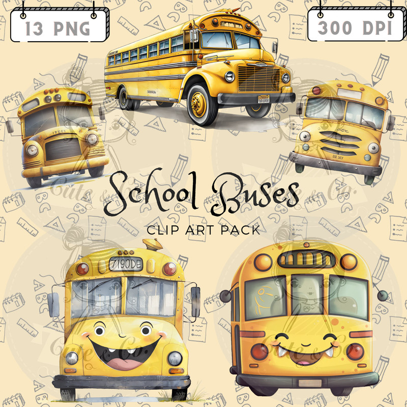 School Bus Clipart Set 13 PNG Images, 5 with Transparent Background, 300 DPI for Creative Projects Vehicles Means of transport - 1.jpg