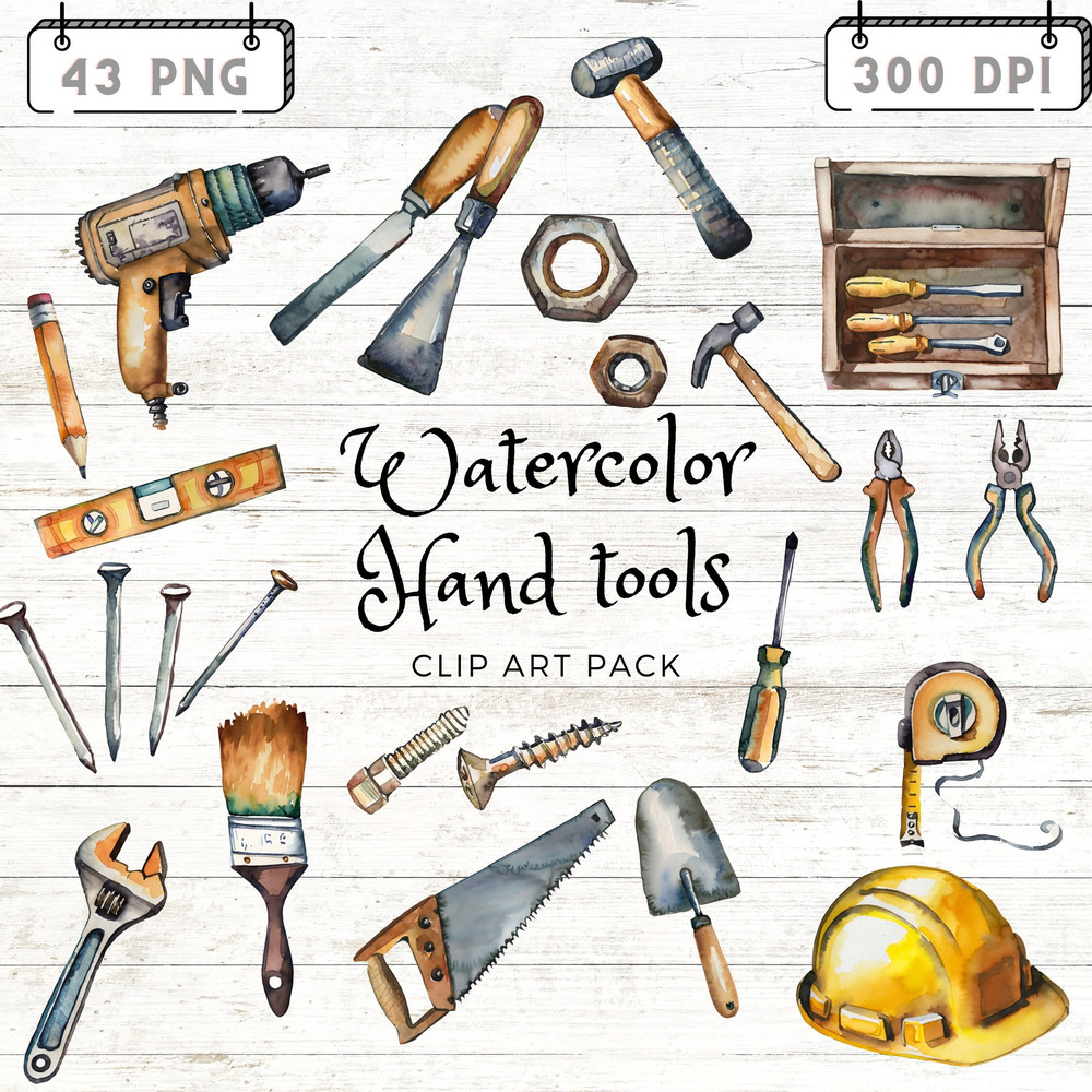 Watercolor hand tool clipart + Digital papers, Hammer Hut Screwdriver Wrench Pliers Tape measure Level Drill Saw Chisel Mallet Nails Screws - 1.jpg