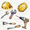 Watercolor hand tool clipart + Digital papers, Hammer Hut Screwdriver Wrench Pliers Tape measure Level Drill Saw Chisel Mallet Nails Screws - 3.jpg