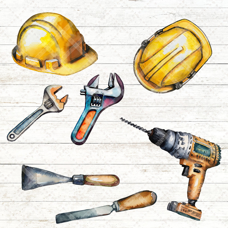 Watercolor hand tool clipart + Digital papers, Hammer Hut Screwdriver Wrench Pliers Tape measure Level Drill Saw Chisel Mallet Nails Screws - 3.jpg