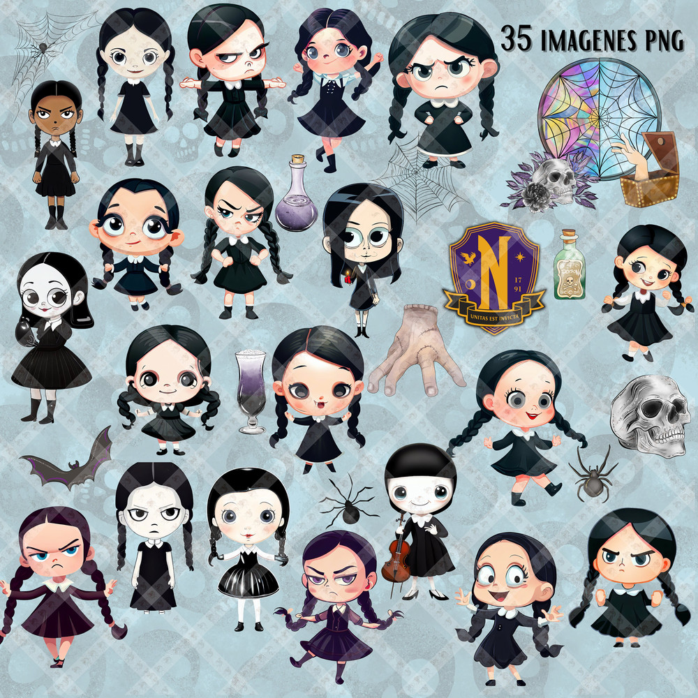 Wednesday Cliparts 35 PNG Wednesday Addams Wednesday Addams party kit Addams family 6000x6000px at 300 DPI, suitable for cutting machines - 1.jpg
