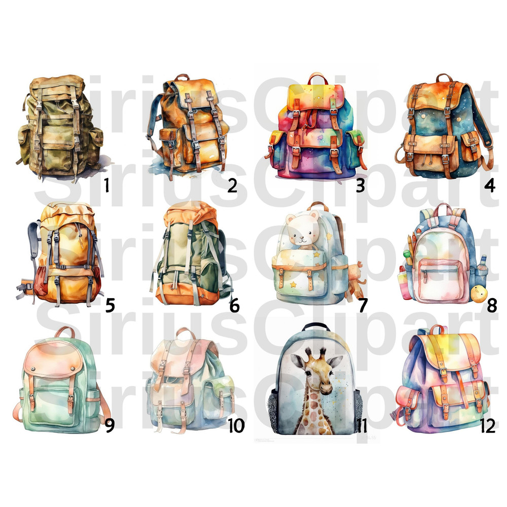 Backpack Clipart  Watercolor Painting Clipart Bundle, School Lunch Bag PNG, Camping PNG, Back to School, Digital Planner, Scrapbooking - 5.jpg