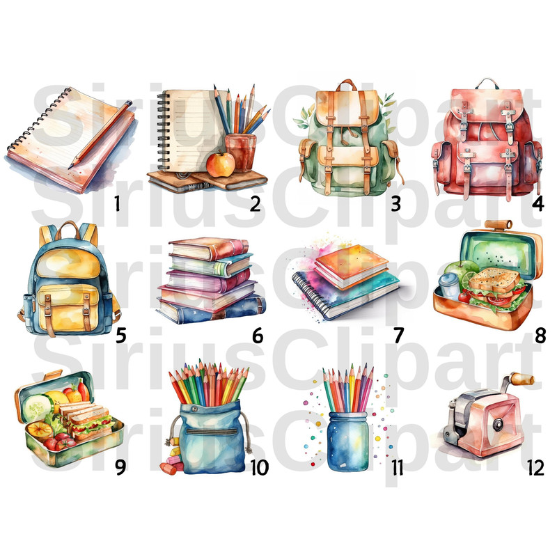 School Supplies  Watercolor Painting Clipart Bundle, Scrapbooking, Back to school, Pencil, Notebook, Book, Digital Planner, Junk Journal - 5.jpg