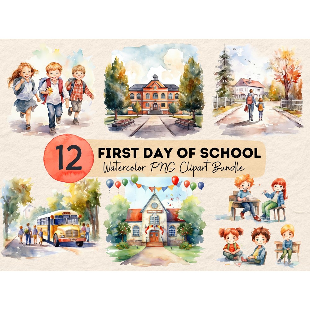 First Day of School, Watercolor Painting Clipart Bundle, Nursery Kids PNG, School PNG, Back To School, School Supplies, Digital Planner - 1.jpg