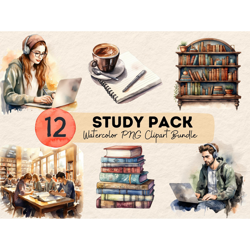 Study Pack Clipart Watercolor Painting Clipart Bundle, Back to School PNG, First day of School, Teacher, Pencil PNG, Study, Junk Journal - 1.jpg