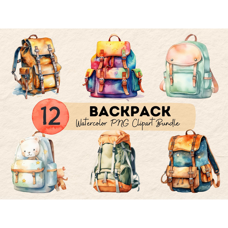 Backpack Clipart Watercolor Painting Clipart Bundle, School Lunch Bag PNG, Camping PNG, Back to School, Digital Planner, Scrapbooking - 1.jpg