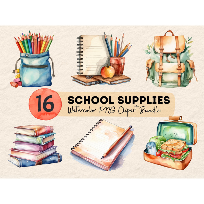 School Supplies Watercolor Painting Clipart Bundle, Scrapbooking, Back to school, Pencil, Notebook, Book, Digital Planner, Junk Journal - 1.jpg