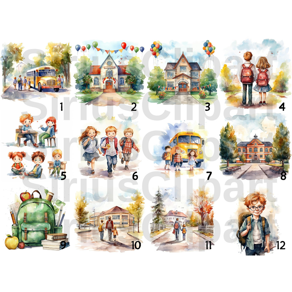 First Day of School, Watercolor Painting Clipart Bundle, Nursery Kids PNG, School PNG, Back To School, School Supplies, Digital Planner - 5.jpg