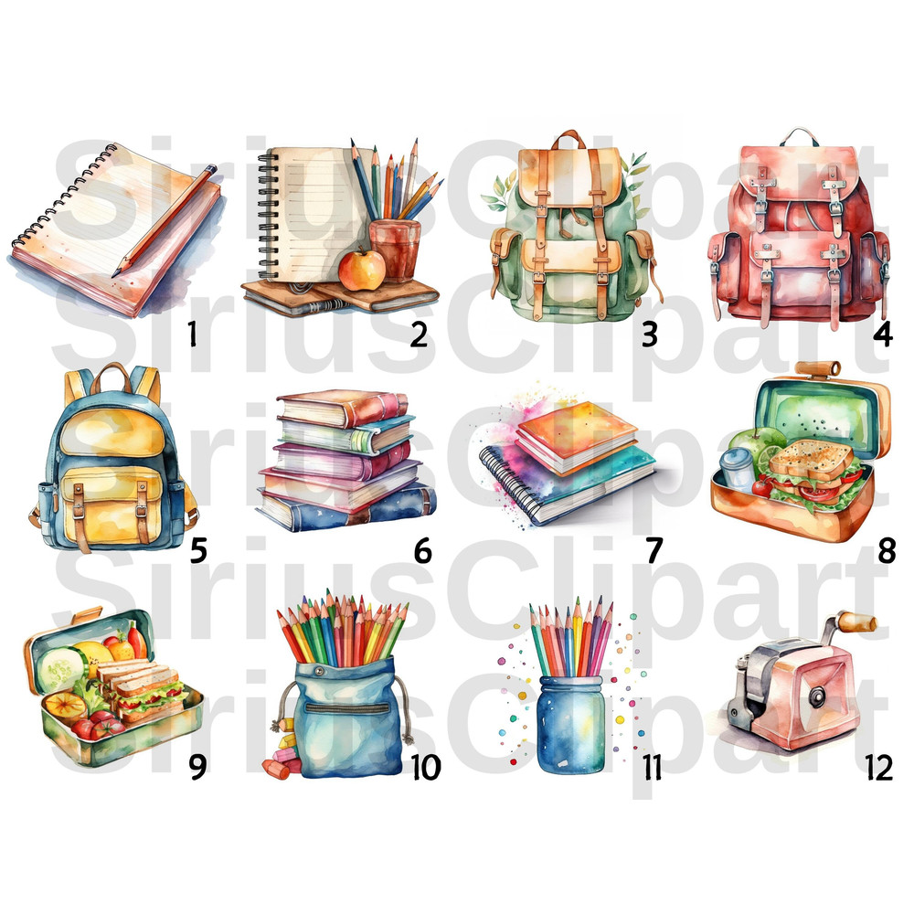 School Supplies Watercolor Painting Clipart Bundle, Scrapbooking, Back to school, Pencil, Notebook, Book, Digital Planner, Junk Journal - 5.jpg