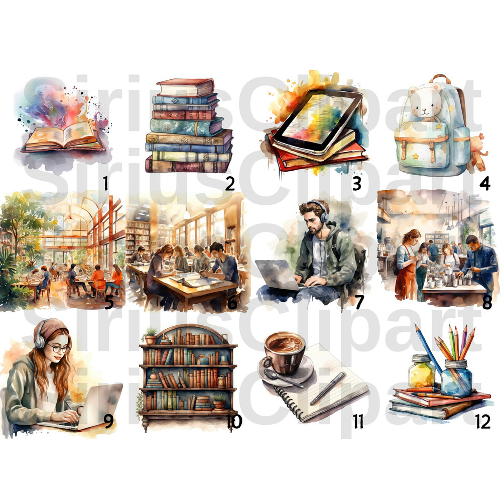 Study Pack Clipart Watercolor Painting Clipart Bundle, Back to School PNG, First day of School, Teacher, Pencil PNG, Study, Junk Journal - 5.jpg