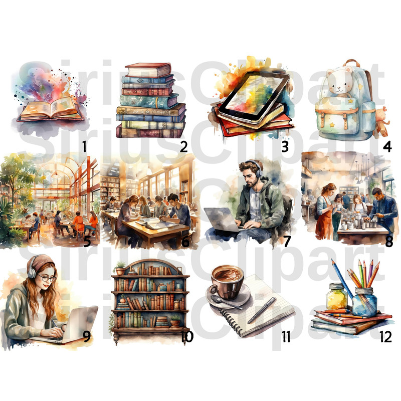Study Pack Clipart Watercolor Painting Clipart Bundle, Back to School PNG, First day of School, Teacher, Pencil PNG, Study, Junk Journal - 5.jpg