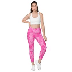 bright hot pink camouflage crossover leggings with pockets  pink camo  camo leggings  camouflage yoga pants  tiktok legg