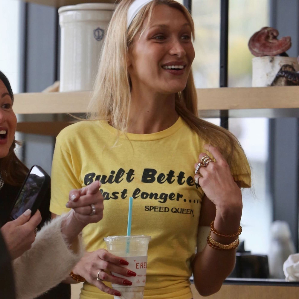 Built Better to Last Longer T-shirt, Bella Hadid in Santa Monica, Bella Hadid Yellow Built Better Tee, Speed Queen Yellow shirt - 1.jpg