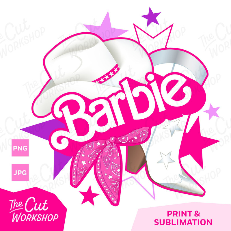 Barbi Western Country Cowboy Hat Bandana Boot Stars Pink Babe Doll Girly Retro 80s  PNG JPG Clipart Digital Download Sublimation - 2.jpg