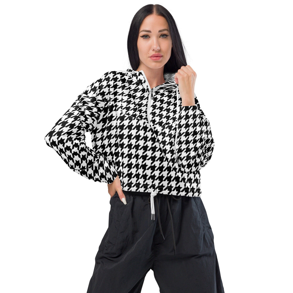Houndstooth Women’s Cropped Windbreaker Black and White Hounds tooth Wind Breaker Fall 2022 Print Trends - 1.jpg