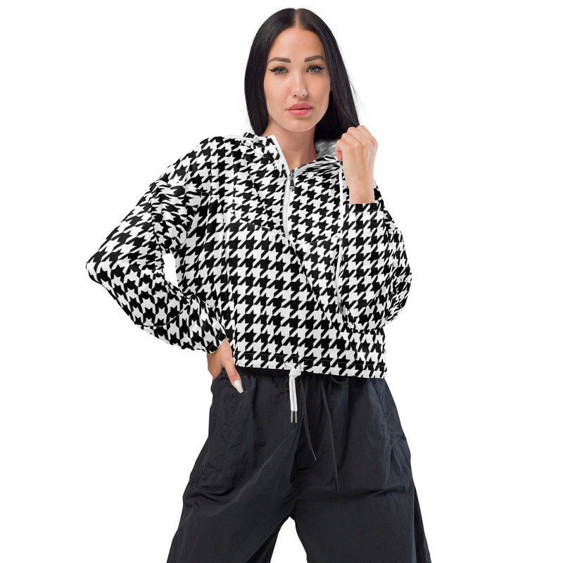 Houndstooth Women’s Cropped Windbreaker Black and White Hounds tooth Wind Breaker Fall 2022 Print Trends - 1.jpg