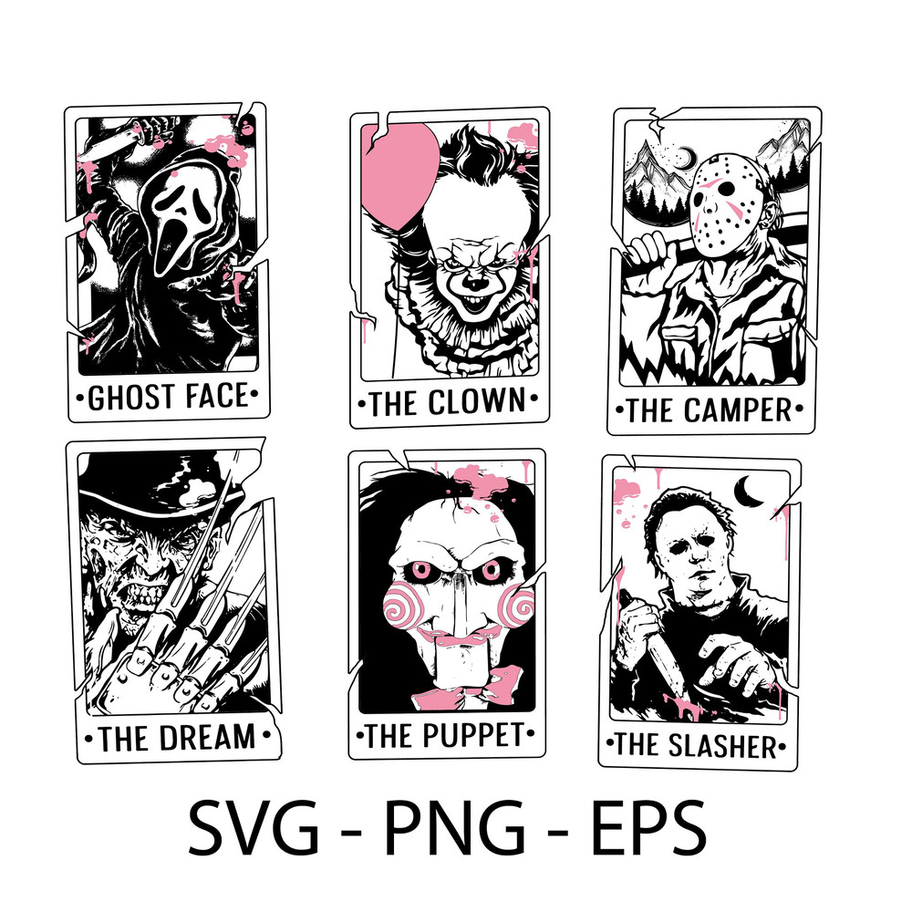 Horror Characters Tarot Card Png - SVG - EPS Files, Tarot Cards SVG - Instant Download - Halloween Design Files - Slasher Svg - Spooky Svg - 1.jpg