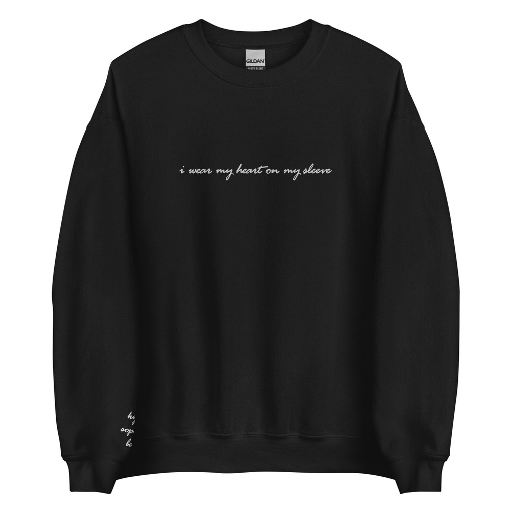 I wear my heart on my sleeve embroidered sweatshirt, customized  personalized embroidery crewneck  Child, Children, Family Names on sleeve - 2.jpg