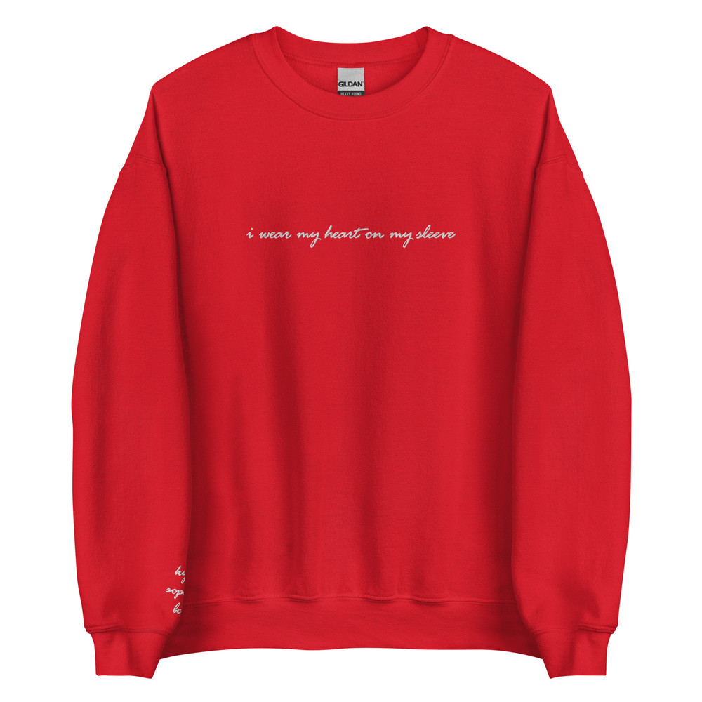 I wear my heart on my sleeve embroidered sweatshirt, customized  personalized embroidery crewneck  Child, Children, Family Names on sleeve - 4.jpg