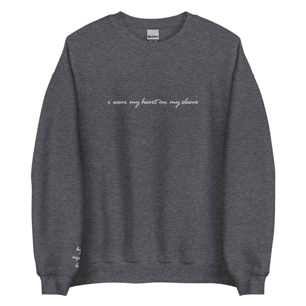 I wear my heart on my sleeve embroidered sweatshirt, customized  personalized embroidery crewneck  Child, Children, Family Names on sleeve - 5.jpg