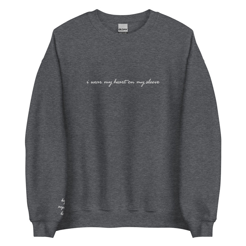 I wear my heart on my sleeve embroidered sweatshirt, customized  personalized embroidery crewneck  Child, Children, Family Names on sleeve - 5.jpg